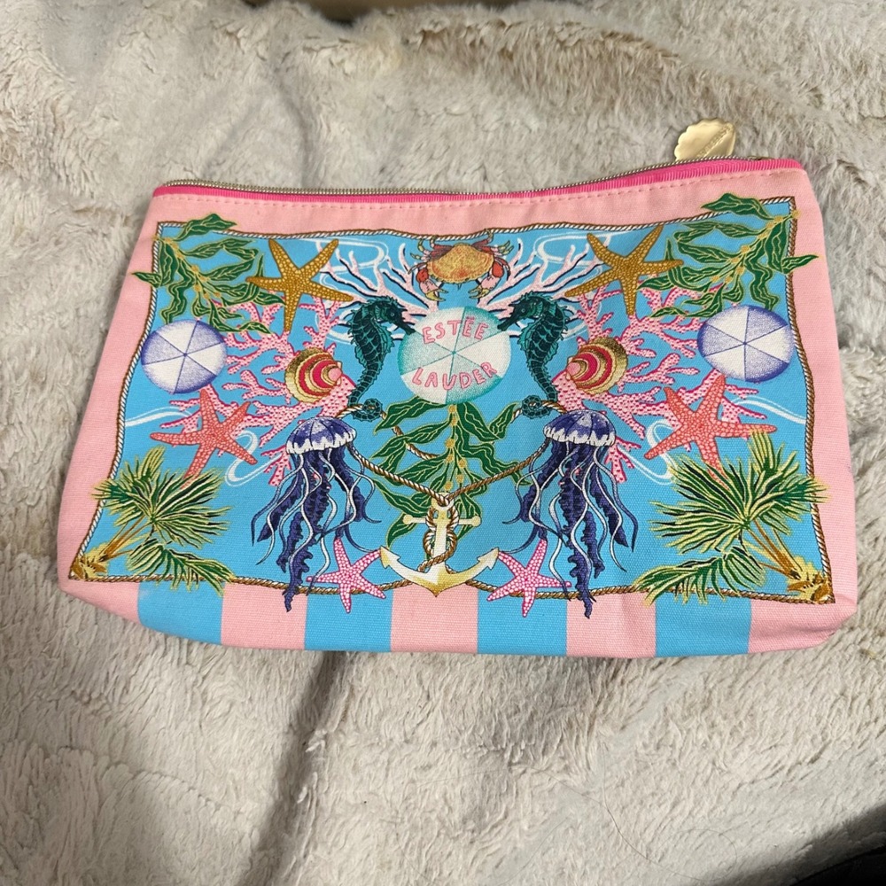 Estee Lauder Nautical Recycled Fabric Makeup Bag Pink Blue Seahorse Shell Charm